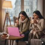 Dos mujeres latinas en invierno, una enojada y otra preocupada, mirando un portátil confundidas por el proceso de devoluciones Shein.