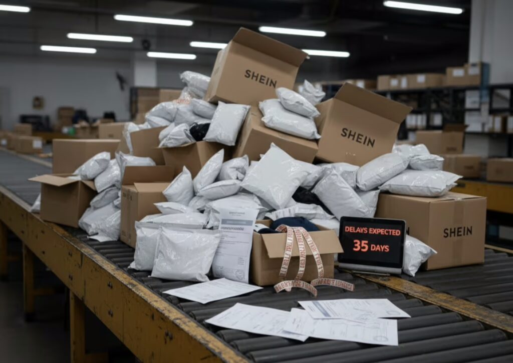 Un gran número de paquetes y cajas de Shein apilados sobre una cinta transportadora en un almacén. Entre los paquetes hay un dispositivo digital que muestra 'DELAYS EXPECTED 35 DAYS' (Retrasos esperados 35 días). También se ven documentos de envío y una cinta métrica con la palabra 'LOST PACKAGE' repetida. La escena sugiere problemas y retrasos en los envíos y la gestión de pedidos.