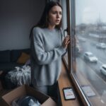 Una mujer joven con una expresión de preocupación y desilusión mira por una ventana, un reflejo común de la experiencia de esperar pedidos en línea. Viste ropa casual y su postura transmite la frustración de la incertidumbre en los plazos de entrega. En el alféizar de la ventana, un smartphone muestra una aplicación de seguimiento de Shein, que se percibe estancada o con retrasos. Al lado, una caja de Shein abierta subraya la situación de un envío incompleto o problemático. La escena, capturada con un gran angular, busca conectar con la experiencia auténtica de muchos compradores online, destacando la importancia de la transparencia en la logística y el impacto emocional de los retrasos