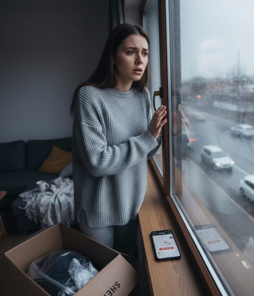 Una mujer joven con una expresión de preocupación y desilusión mira por una ventana, un reflejo común de la experiencia de esperar pedidos en línea. Viste ropa casual y su postura transmite la frustración de la incertidumbre en los plazos de entrega. En el alféizar de la ventana, un smartphone muestra una aplicación de seguimiento de Shein, que se percibe estancada o con retrasos. Al lado, una caja de Shein abierta subraya la situación de un envío incompleto o problemático. La escena, capturada con un gran angular, busca conectar con la experiencia auténtica de muchos compradores online, destacando la importancia de la transparencia en la logística y el impacto emocional de los retrasos